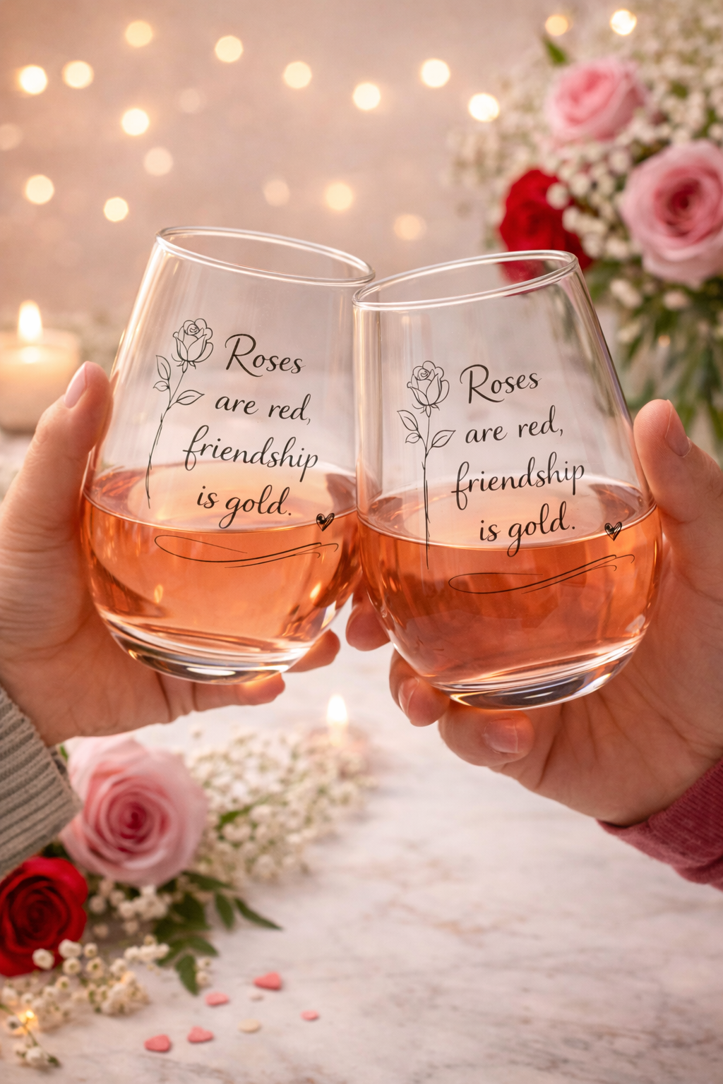 Two hands holding glasses of pink wine with 'Roses are red, friendship is gold' text against a floral background.