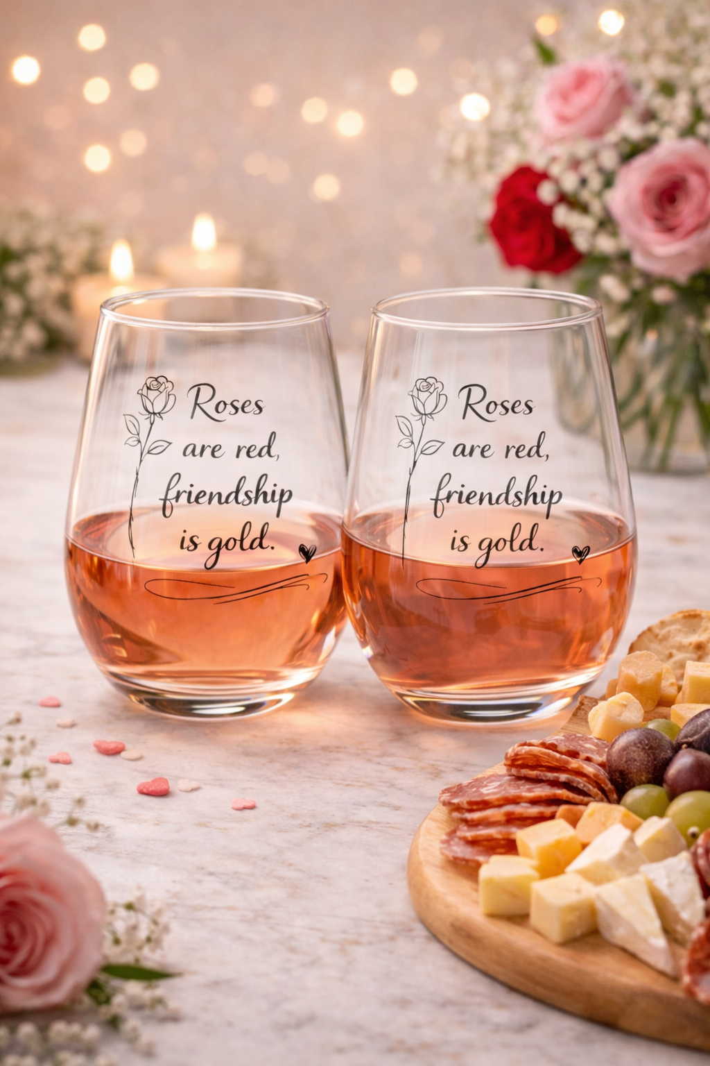 Two stemless wine glasses with 'Roses are red, friendship is gold' text, filled with rosé, on a table with snacks and flowers.