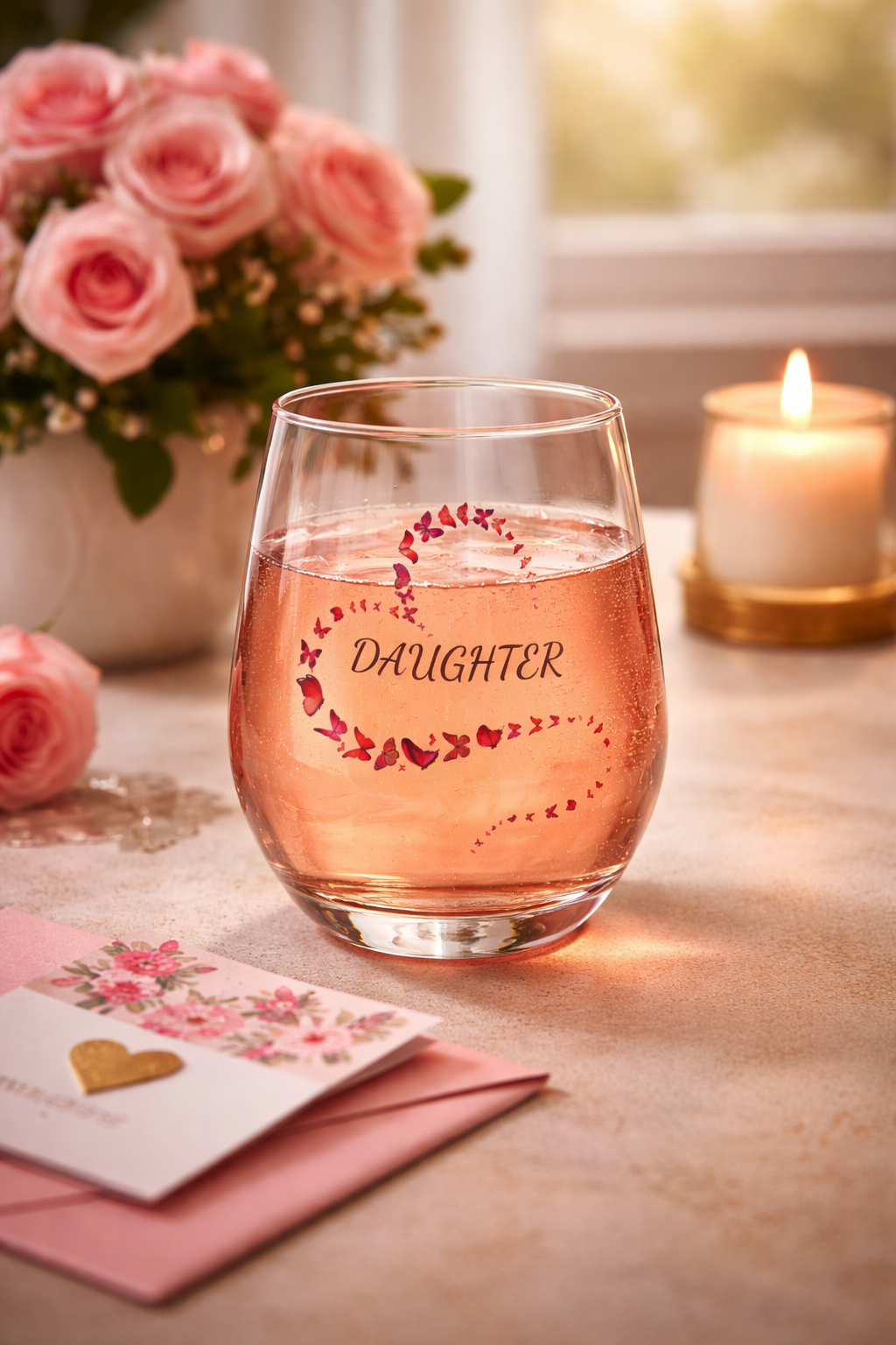 Glass of pink rose with 'Daughter' engraving on a table with flowers and candle