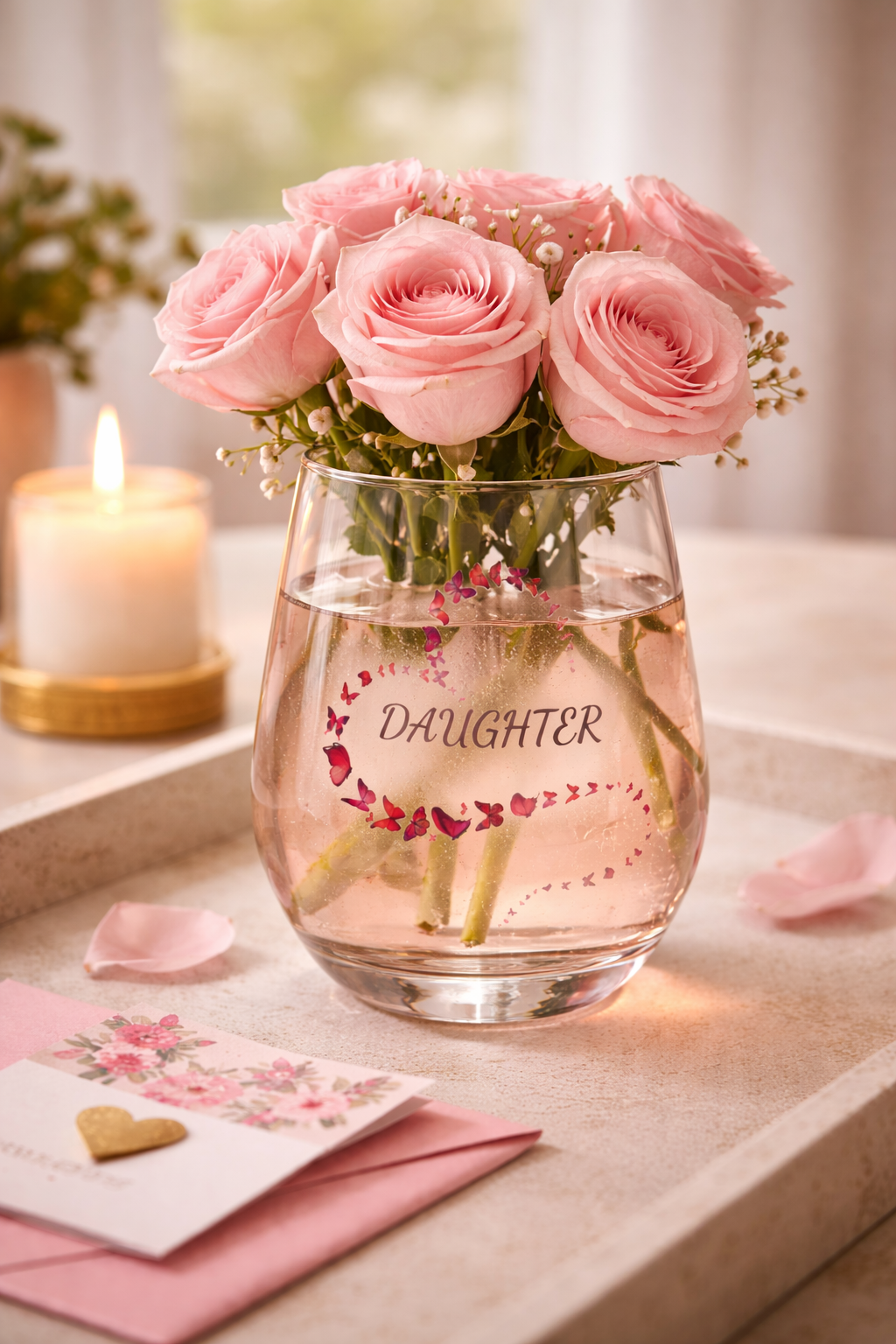 Glass vase with pink roses labeled 'Daughter' on a table with a candle and card.