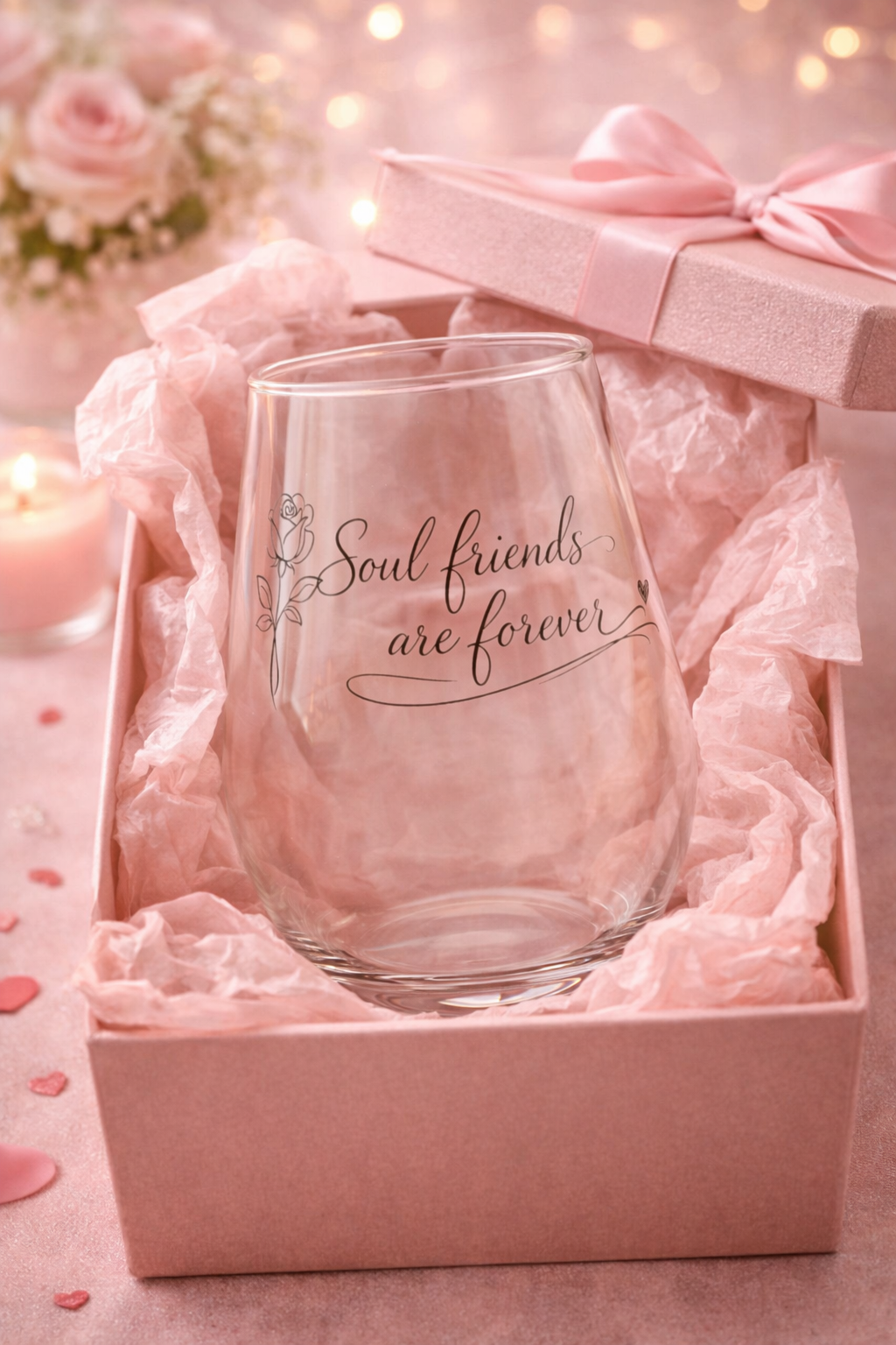 Clear glass with 'Soul friends are forever' text in a pink gift box with a bow, surrounded by pink flowers and ribbons.