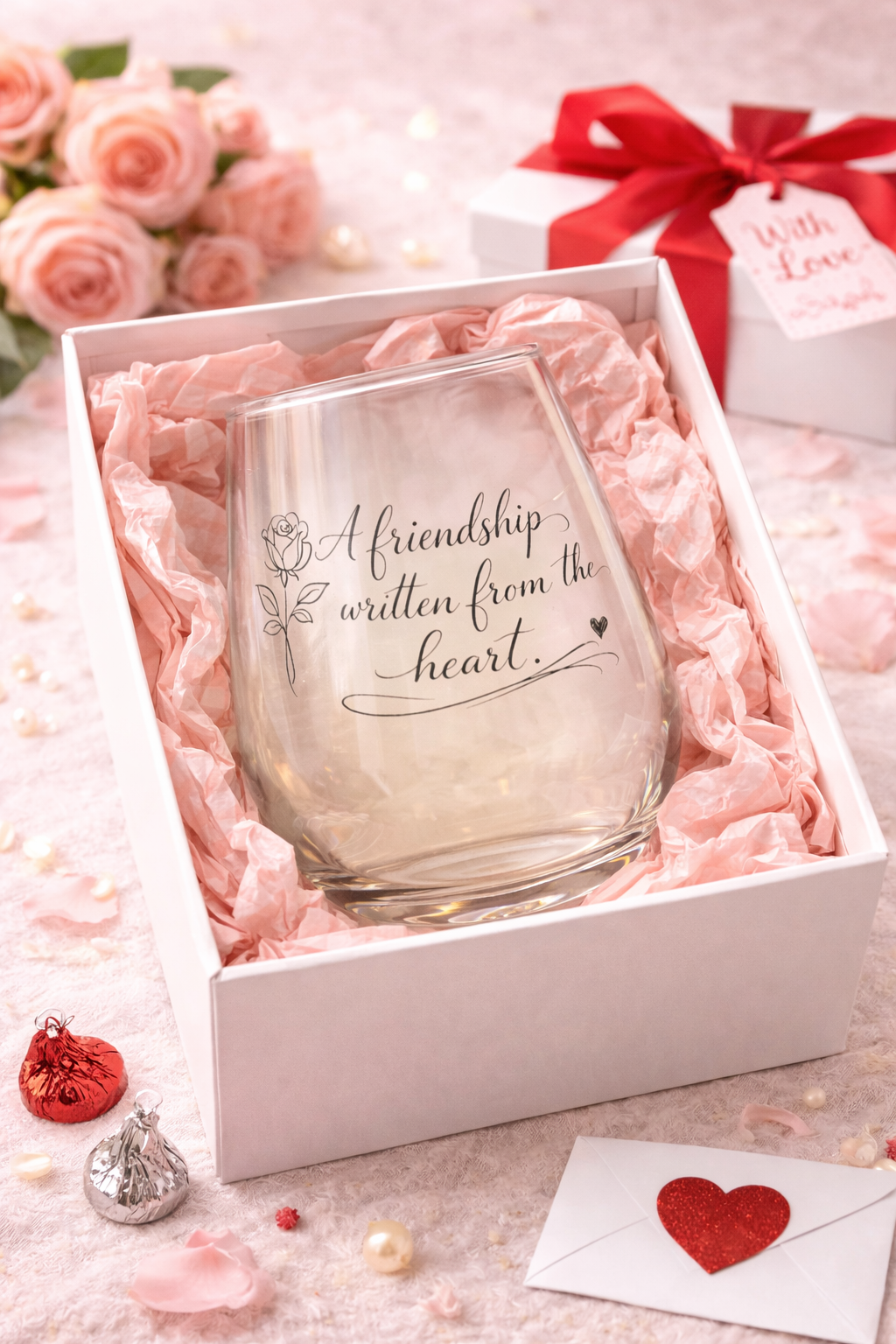Glass with 'Friendship written from the heart' text in a decorative box with pink flowers and a gift card.