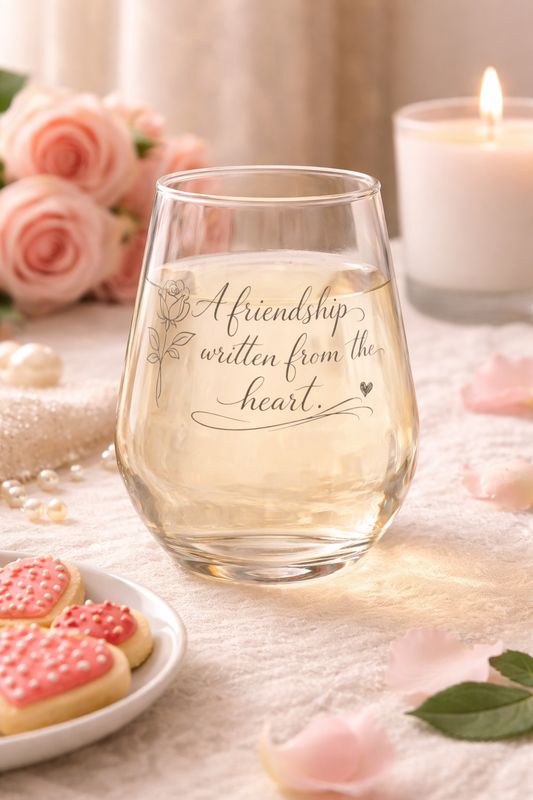 Glass with engraved text 'A friendship written from the heart' on a table with flowers and cookies.