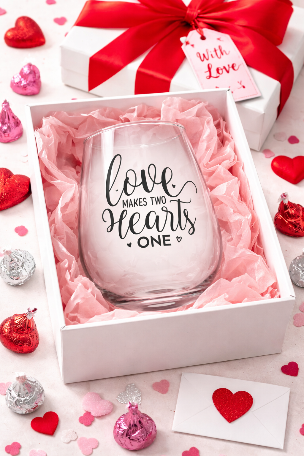 Romantic Stemless Wine Glass – Love Makes Two Hearts One