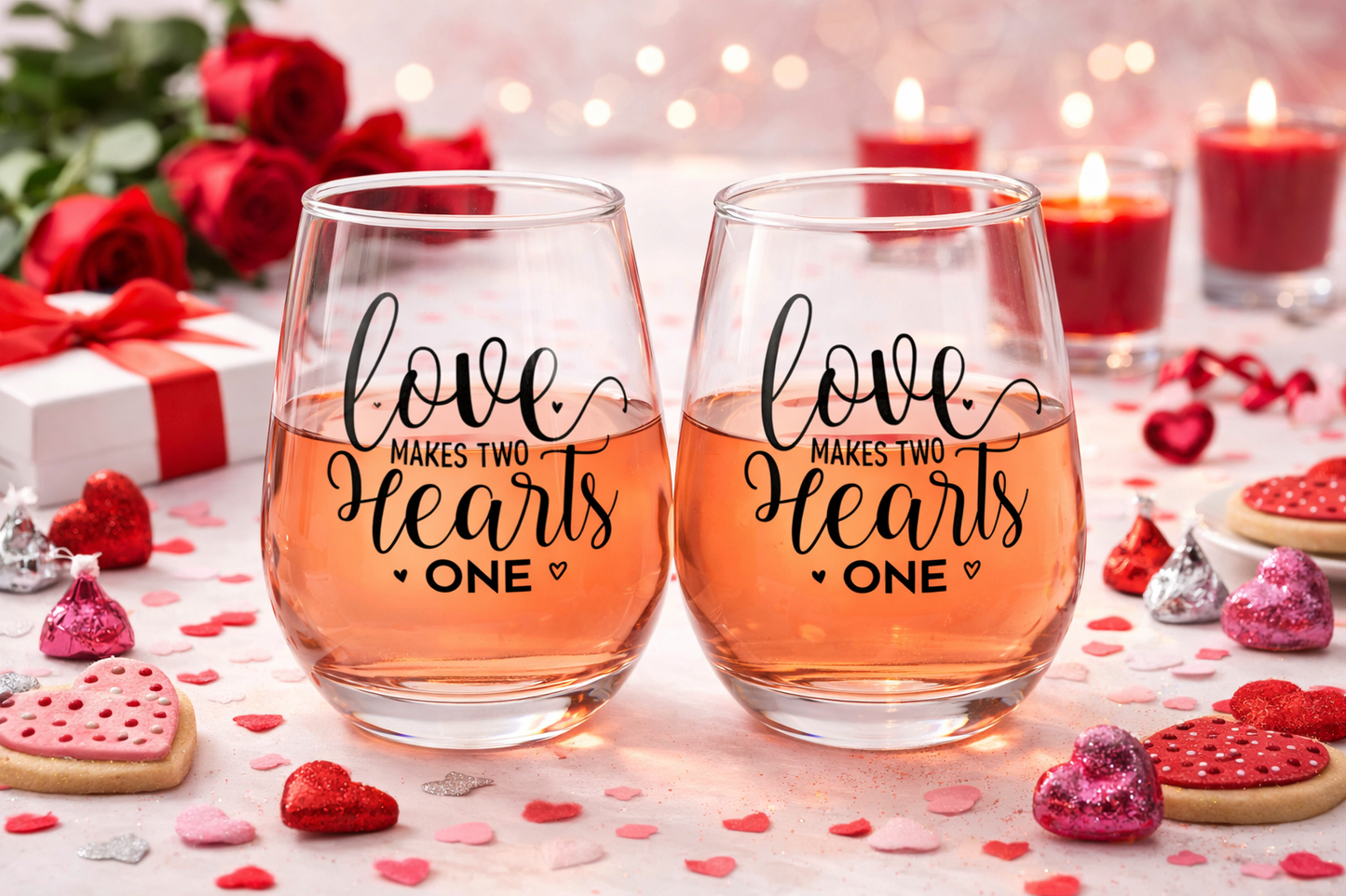 Romantic Stemless Wine Glass – Love Makes Two Hearts One