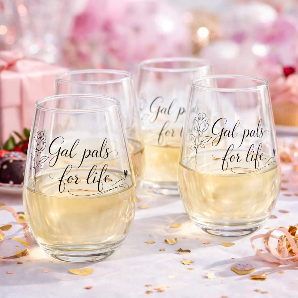Four stemless wine glasses with 'Gal pals for life' text on a celebratory background.