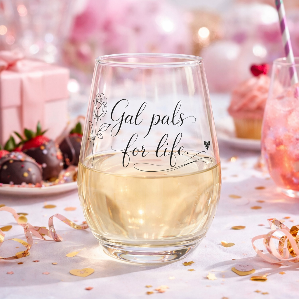 Stemless wine glass with 'Gal pals for life' text on a celebratory table with snacks and confetti.