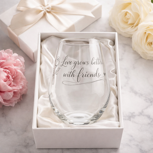 Clear glass with engraved text in a white box surrounded by flowers on a marble surface