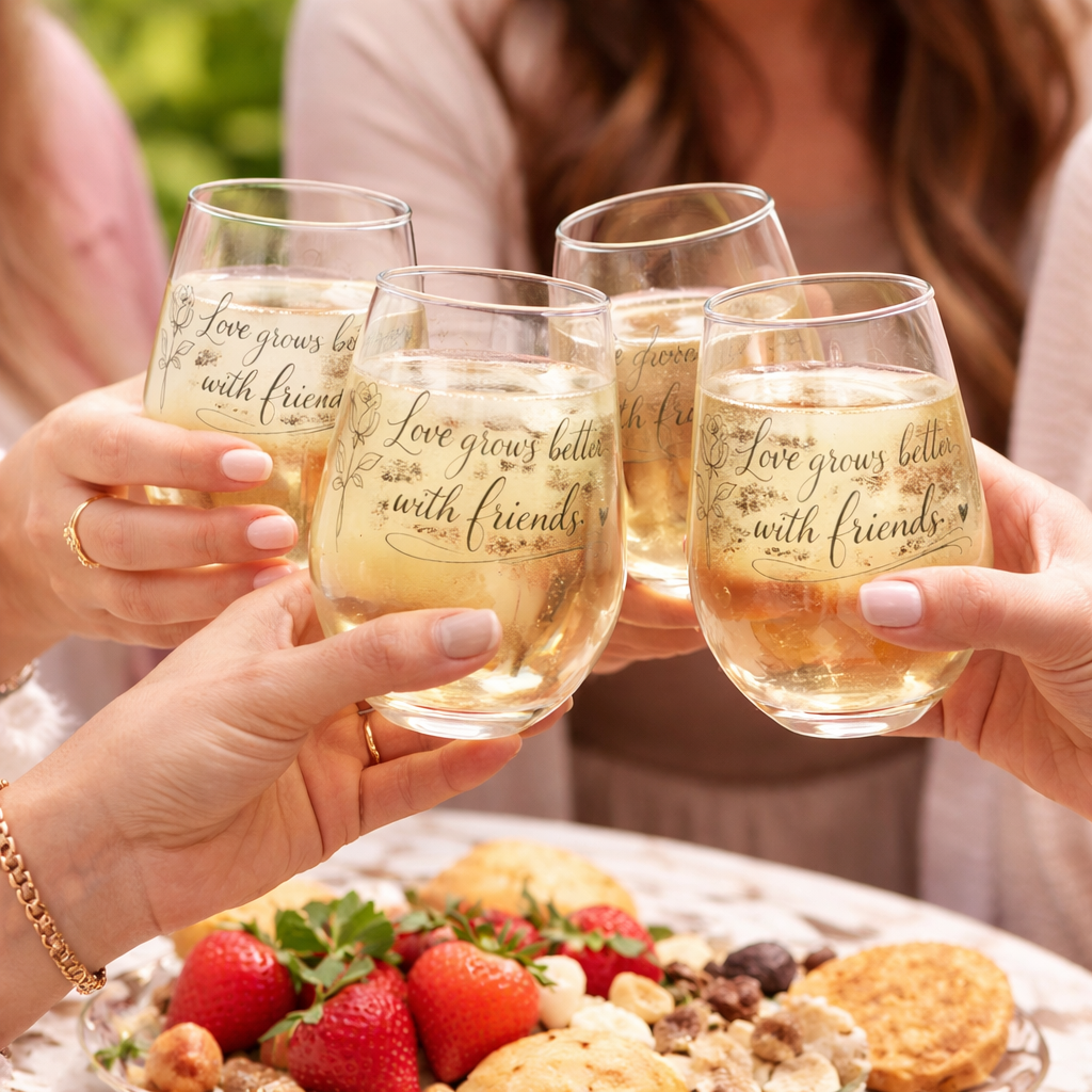 Four hands holding stemless wine glasses with a message, outdoors.