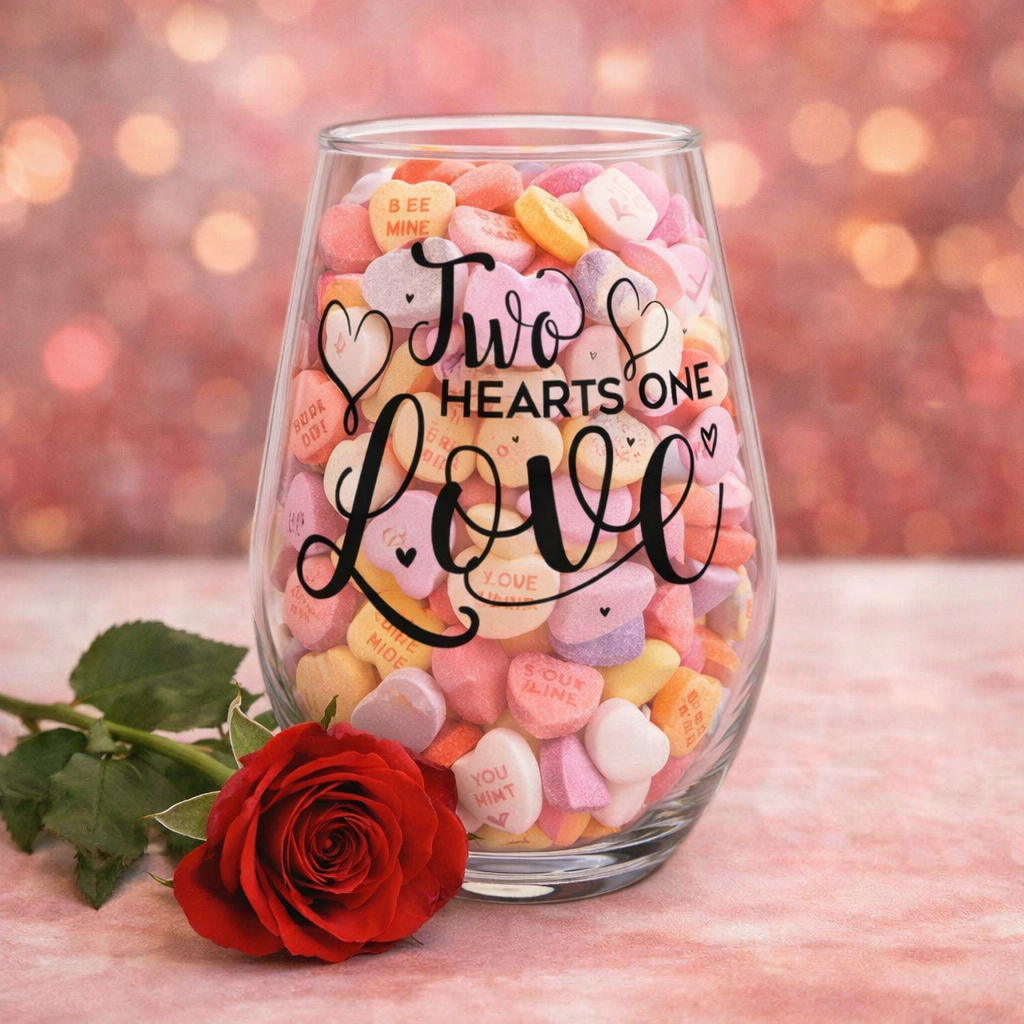Glass filled with conversation hearts and 'Two Hearts One Love' text, surrounded by a red rose on a blurred background.
