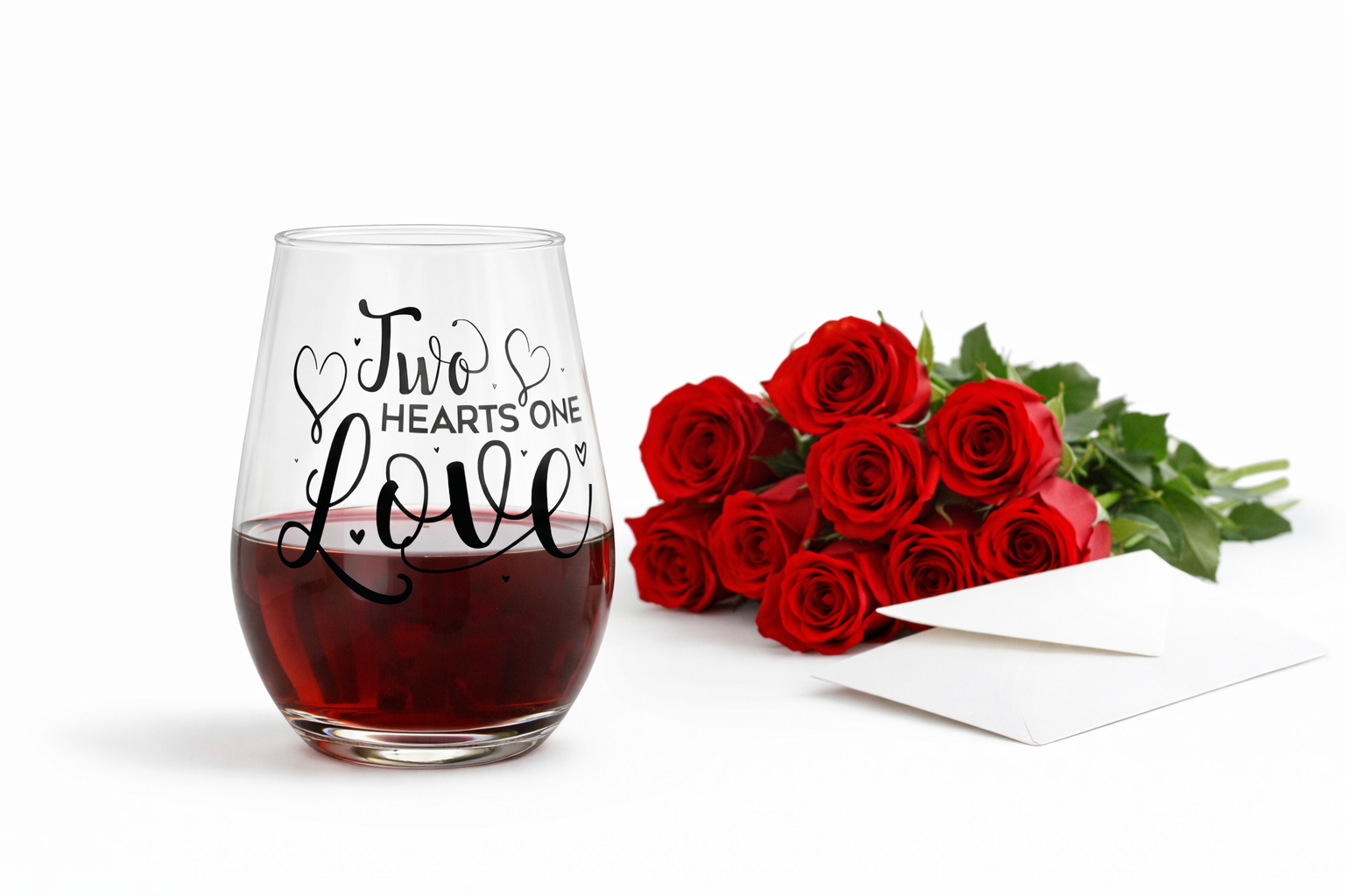 Stemless wine glass with 'Two Hearts One Love' text and a bouquet of red roses on a white background
