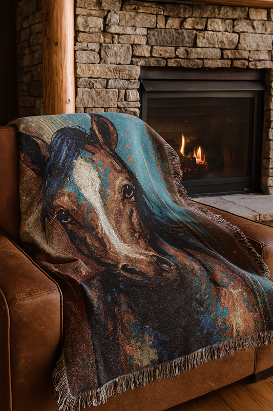 Western Horse Woven Blanket – Rustic Ranch Boho Throw