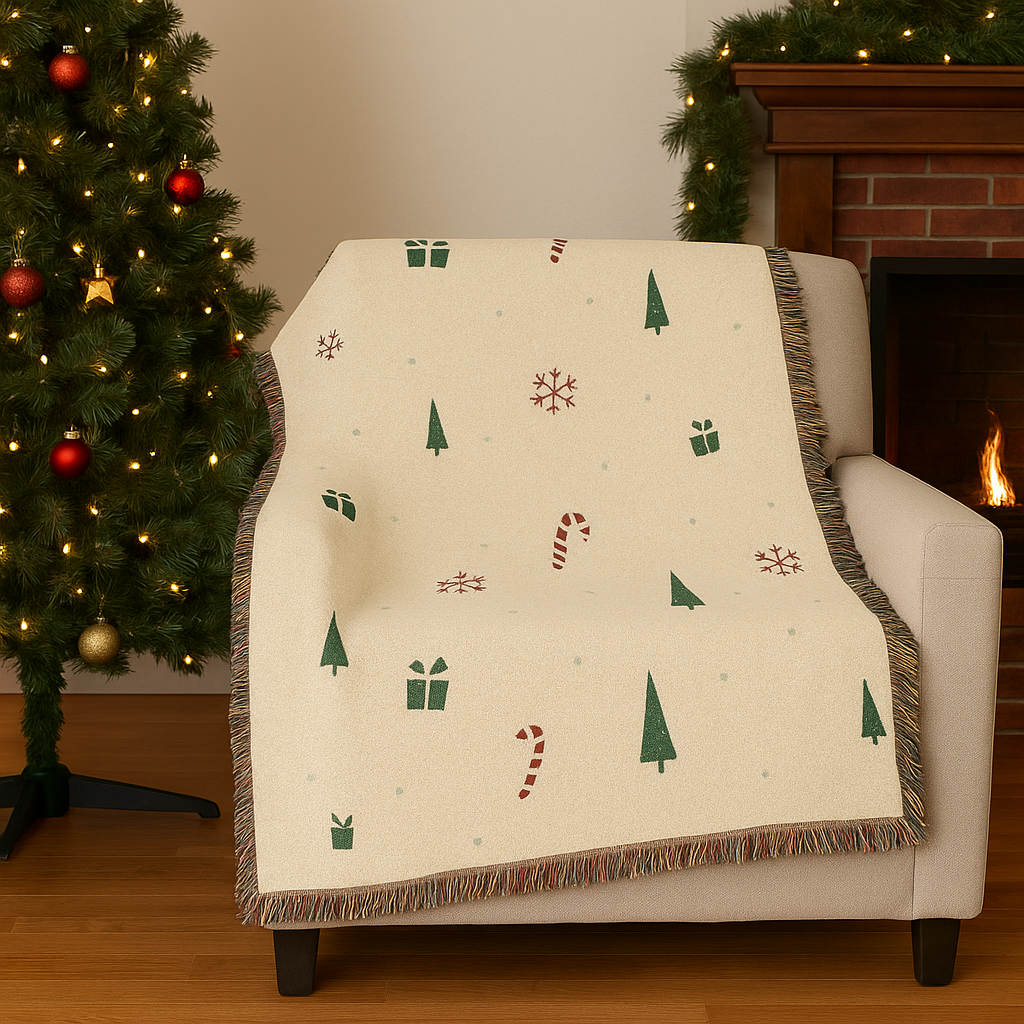 Christmas Trees & Candy Cane Woven Throw Blanket | Cozy Holiday Decor