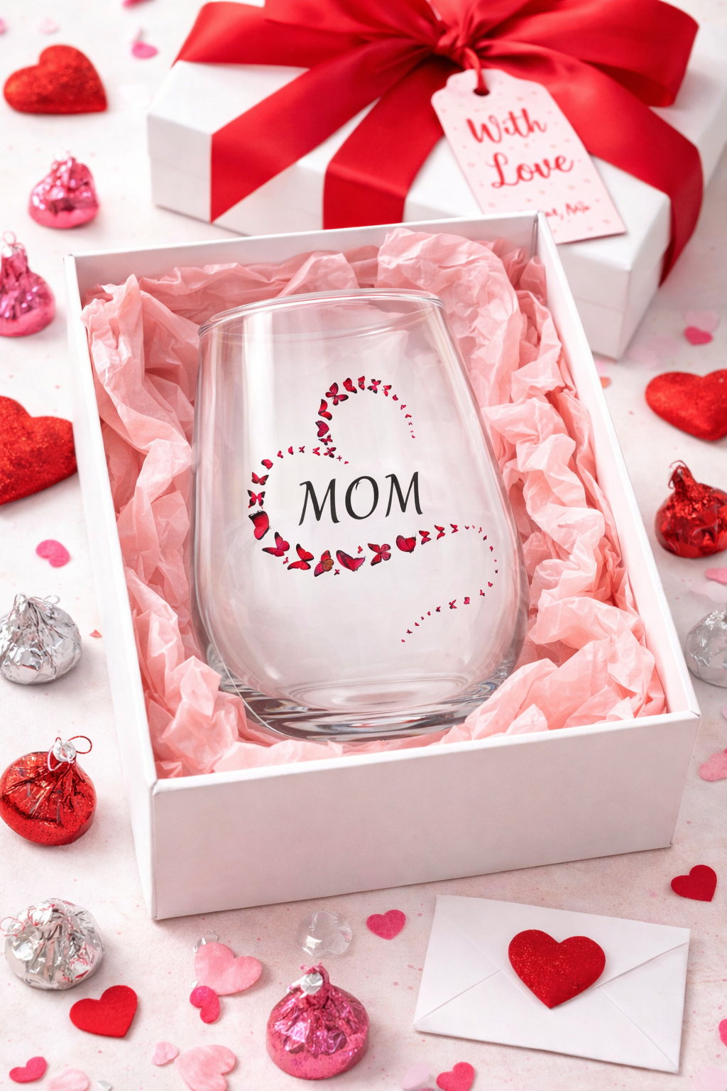 Mom or Mommy Butterfly Wine Glass – Stemless Heart Glasses Mother’s Day Gift