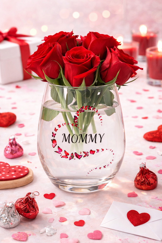 Mom or Mommy Butterfly Wine Glass – Stemless Heart Glasses Mother’s Day Gift