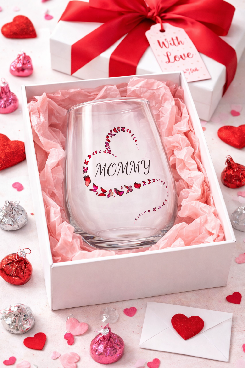 Mom or Mommy Butterfly Wine Glass – Stemless Heart Glasses Mother’s Day Gift