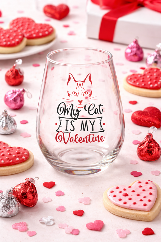My Cat Is My Valentine Wine Glass – Funny Cat Lover Valentine Gift