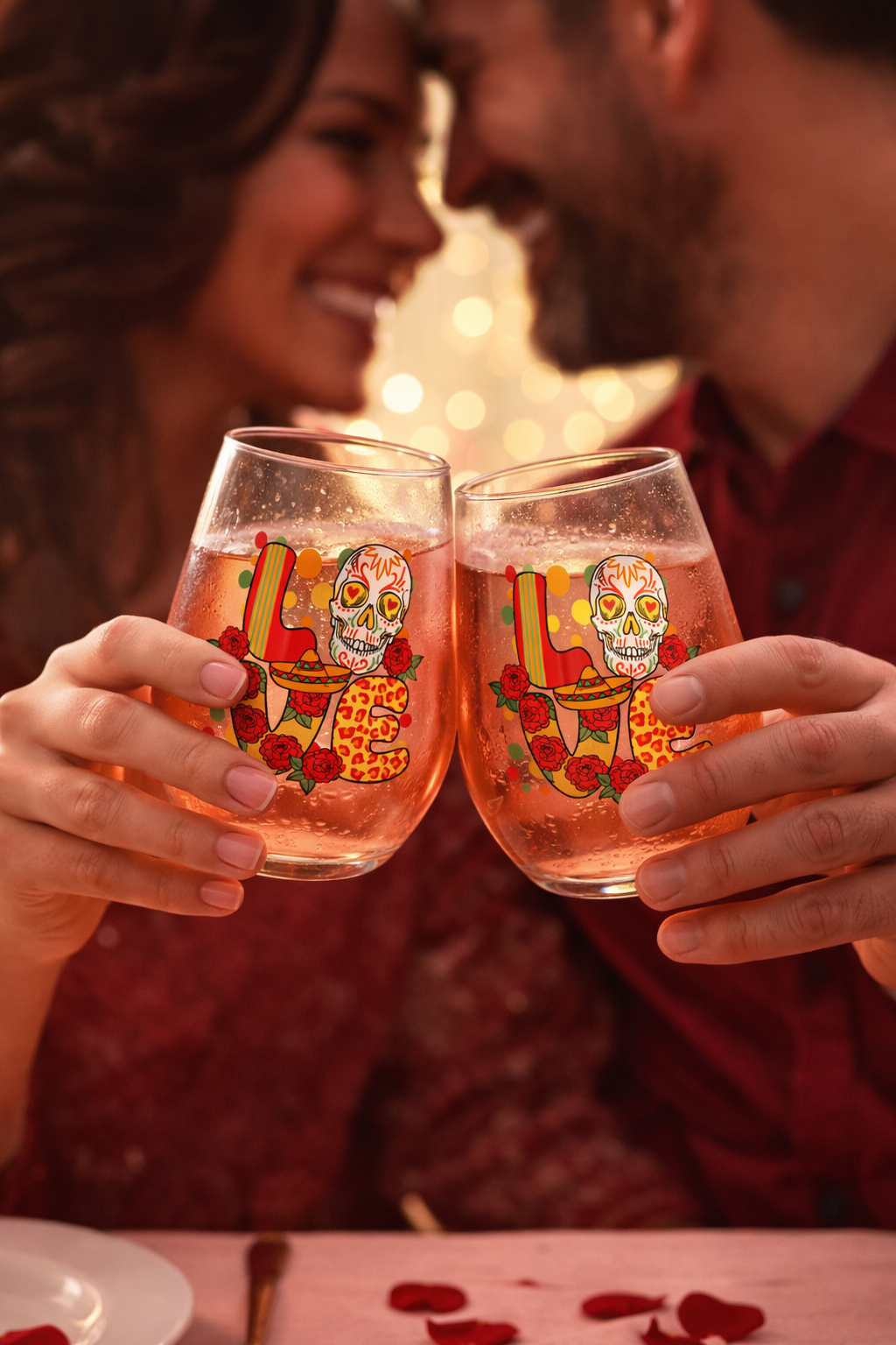 Love Sugar Skull Stemless Wine Glass – Romantic Rose Sombrero Design – Valentine’s Day Gift – Día de los Muertos Drinkware – Couples Gift