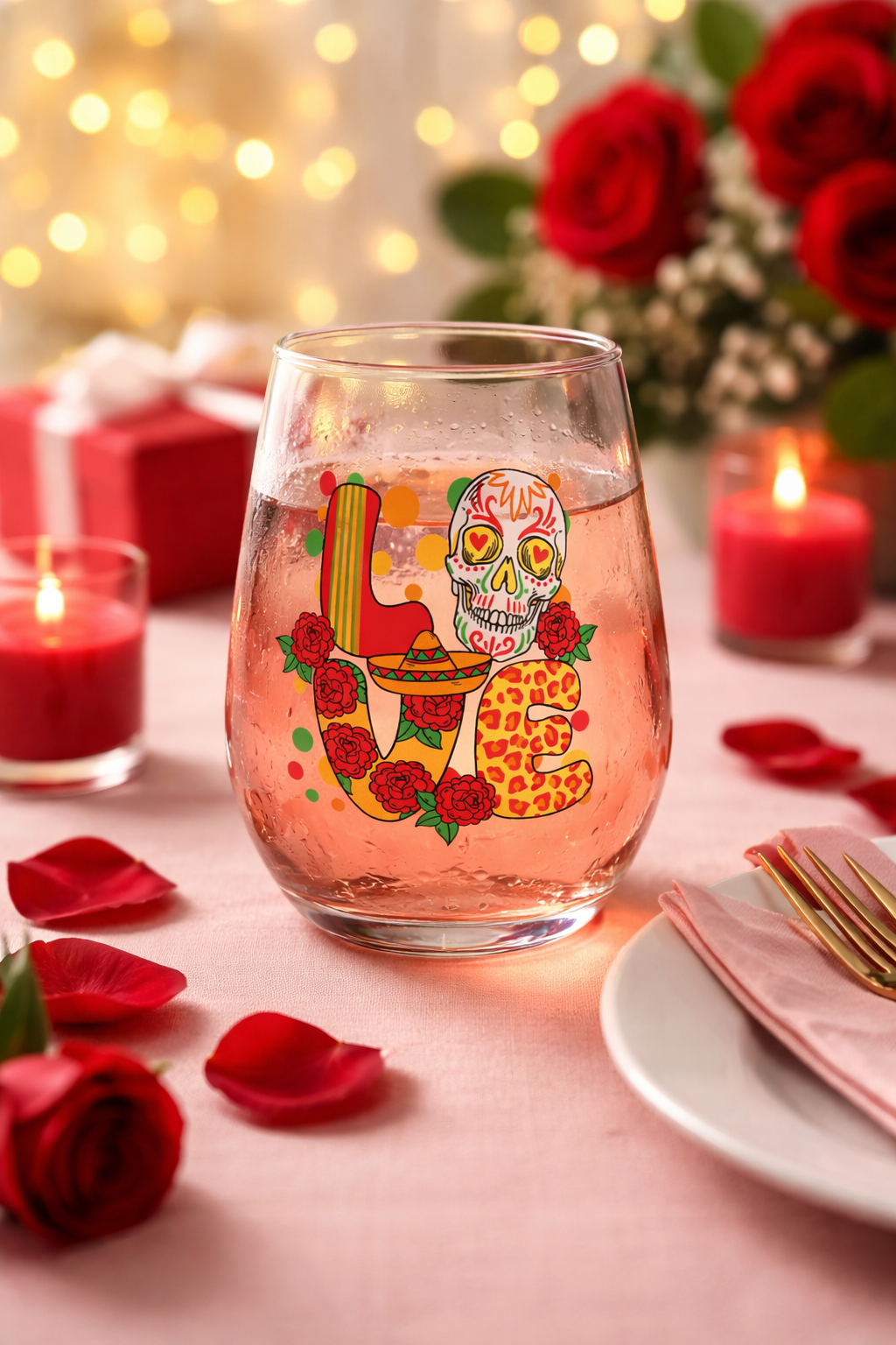 Love Sugar Skull Stemless Wine Glass – Romantic Rose Sombrero Design – Valentine’s Day Gift – Día de los Muertos Drinkware – Couples Gift