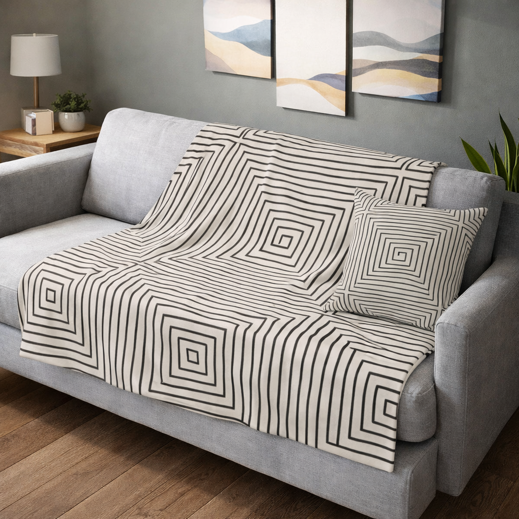 Hand-drawn Geometric Squares Blanket | Velveteen Microfiber Throw