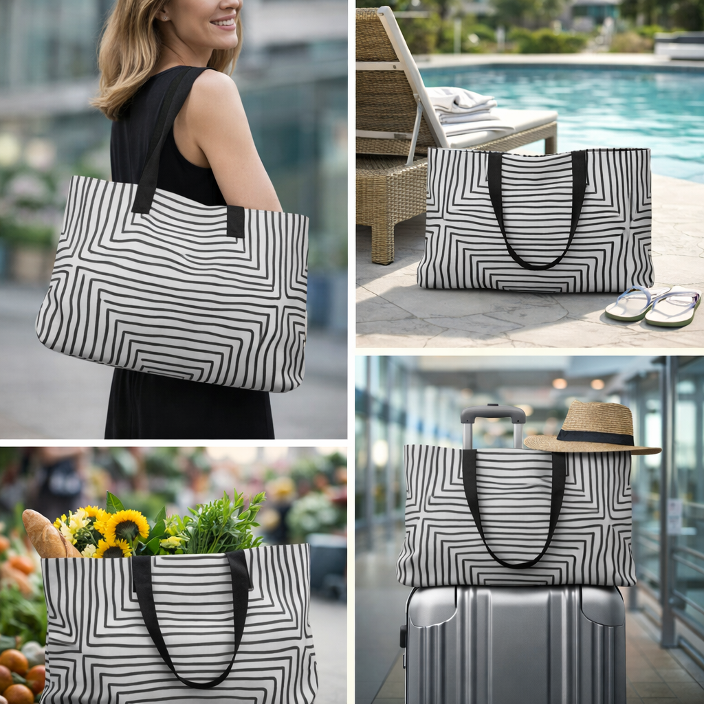 Geometric Striped Weekender Tote | Black Handle Minimalist Carryall
