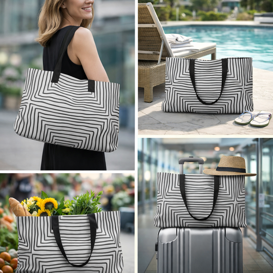 Geometric Striped Weekender Tote | Black Handle Minimalist Carryall