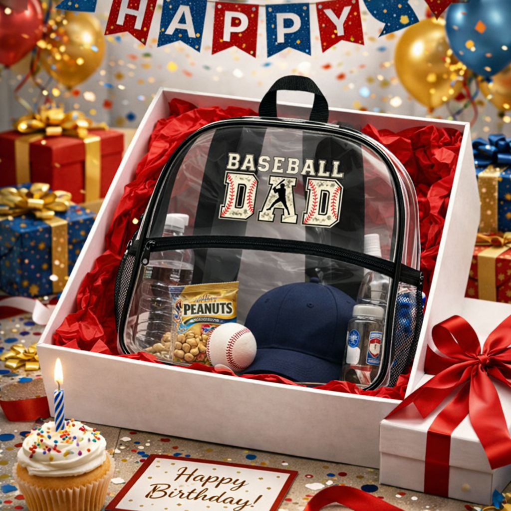 Gift set for a baseball dad with clear backpack, cap, snacks, and cupcake on a celebratory background.