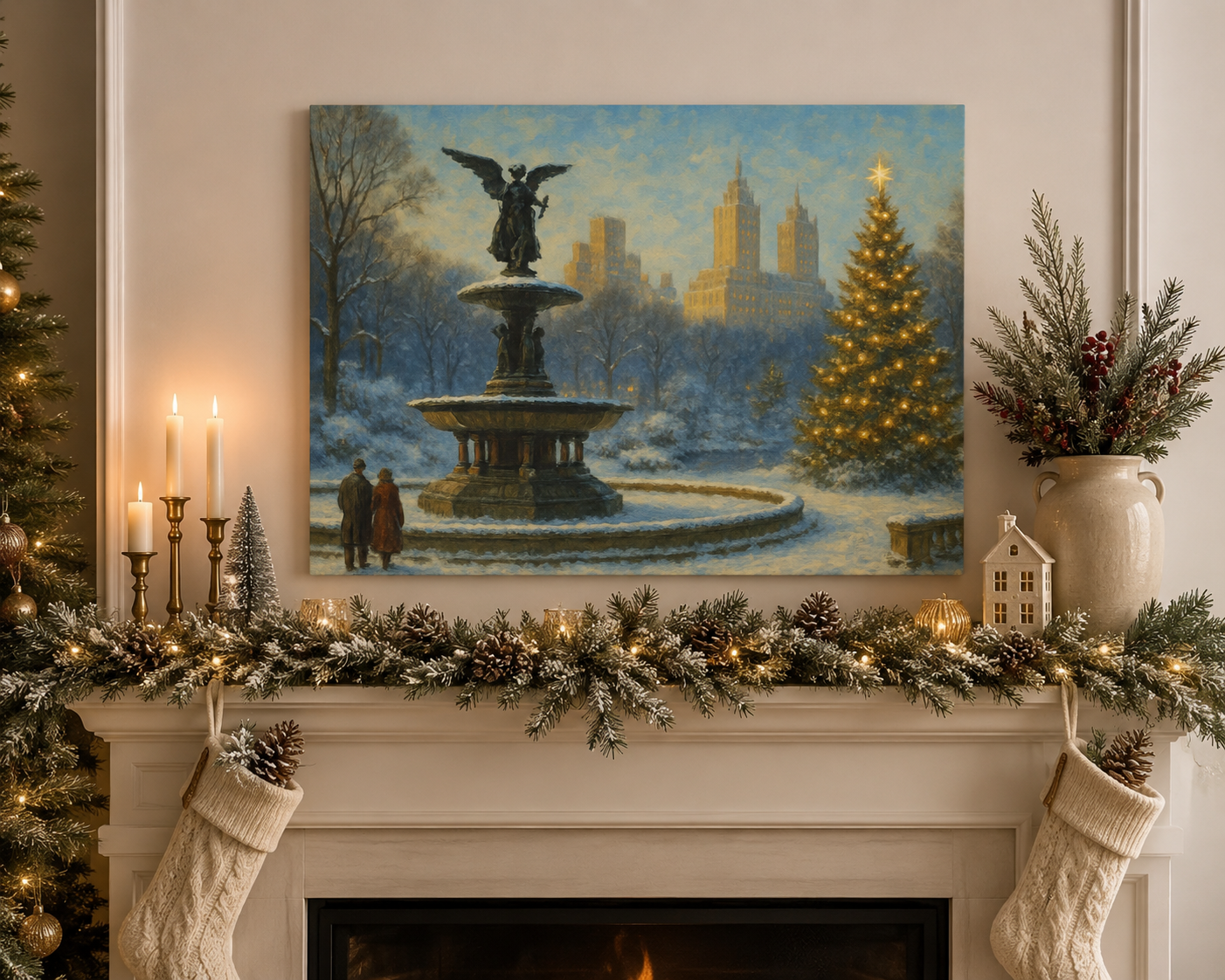 Decorated fireplace mantel with Christmas stockings, garland, and a painting of a snowy fountain.