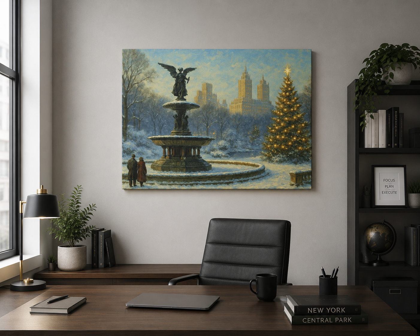 Decorative painting of a snowy fountain scene on a wall above a desk.
