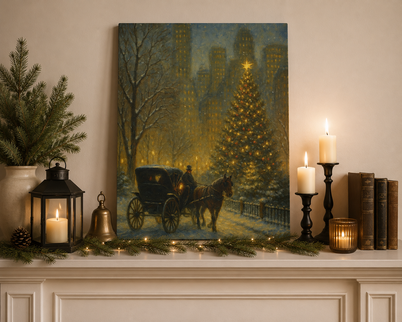Horse-drawn carriage in a snowy city street with a large Christmas tree and tall buildings in the background on mantle