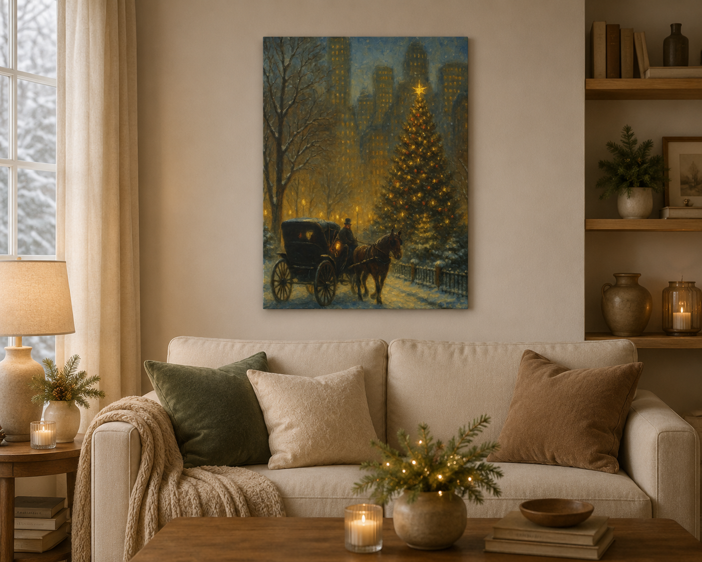 Cozy living room with a beige sofa, Christmas tree, and decorative items.