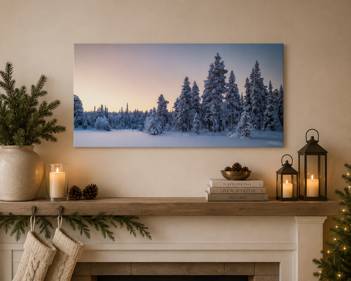 Festive fireplace mantle with winter scene artwork, candles, and Christmas decor.