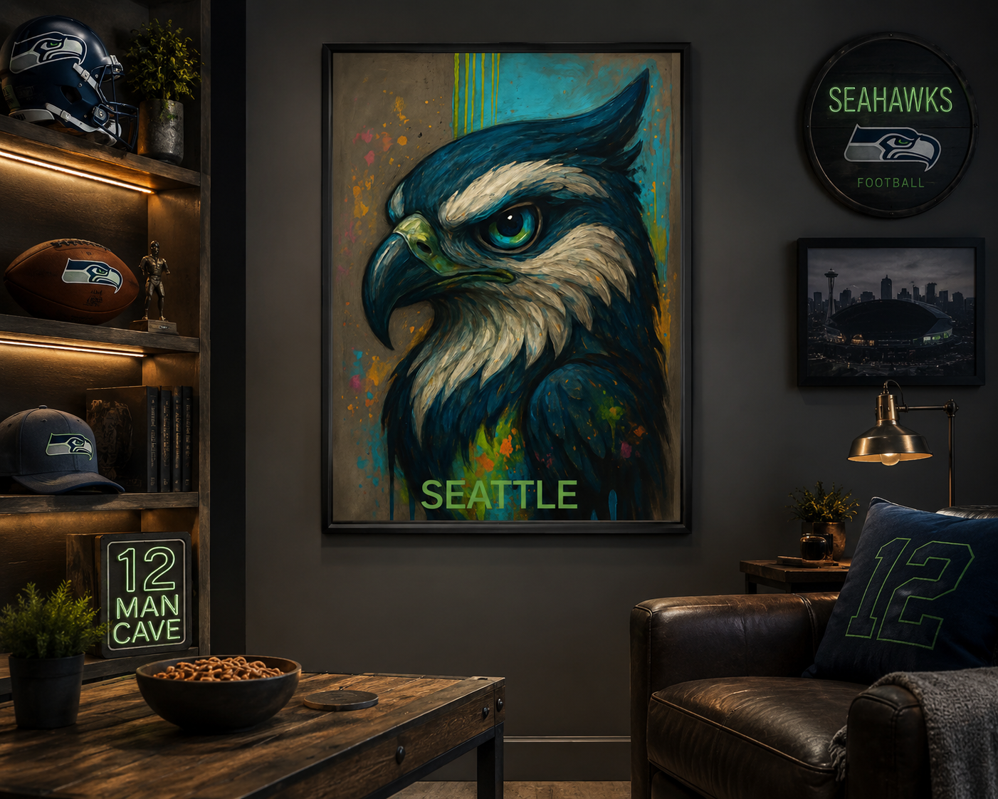 Living room with a large framed painting of an eagle and 'Seattle' text, surrounded by sports memorabilia.