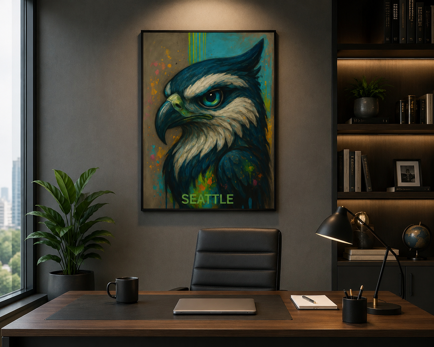 Modern office setup with a desk, chair, and artwork of an eagle on the wall.