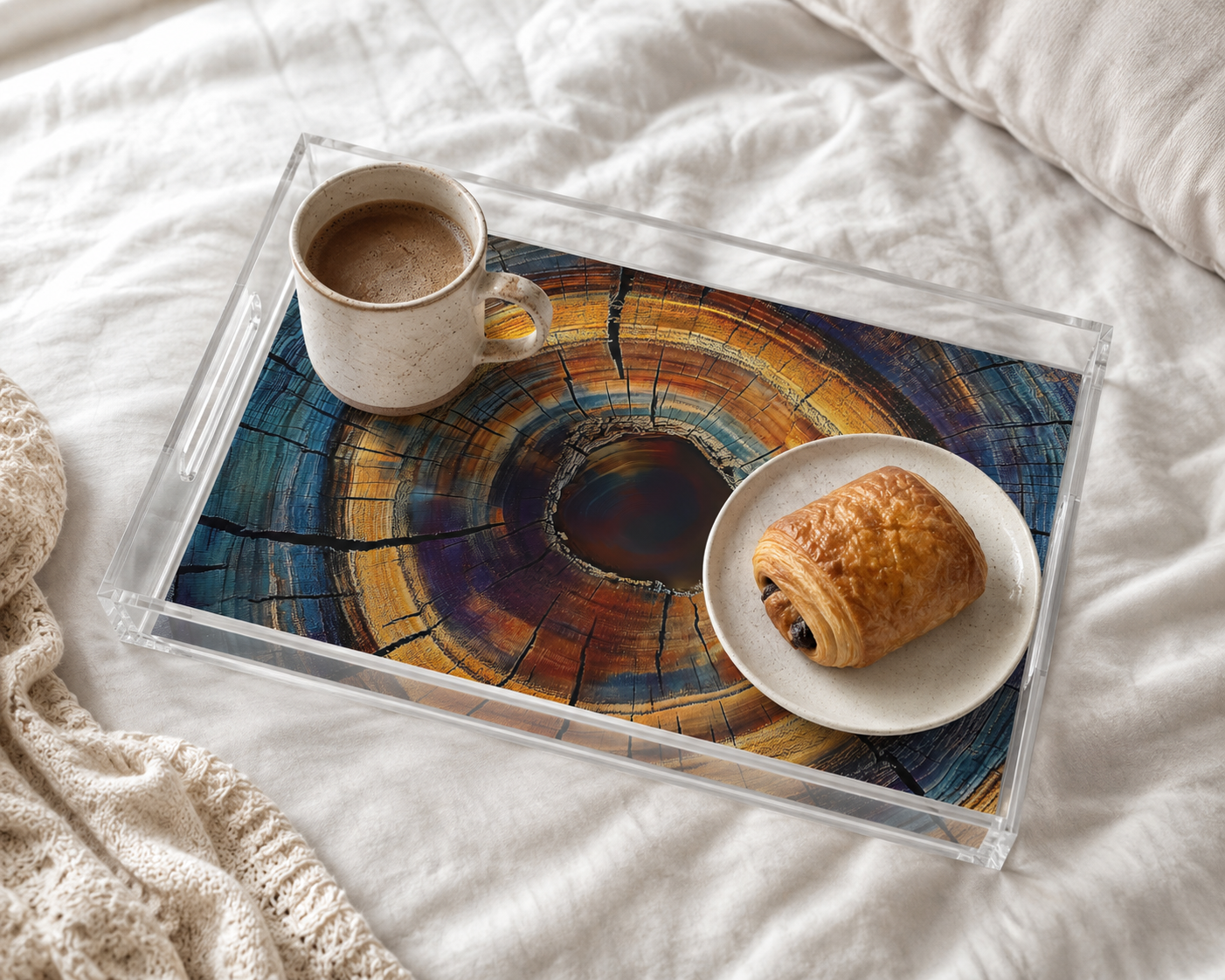 Clear acrylic tray with a wooden slice design holding a cup of coffee and a pastry on a white surface.