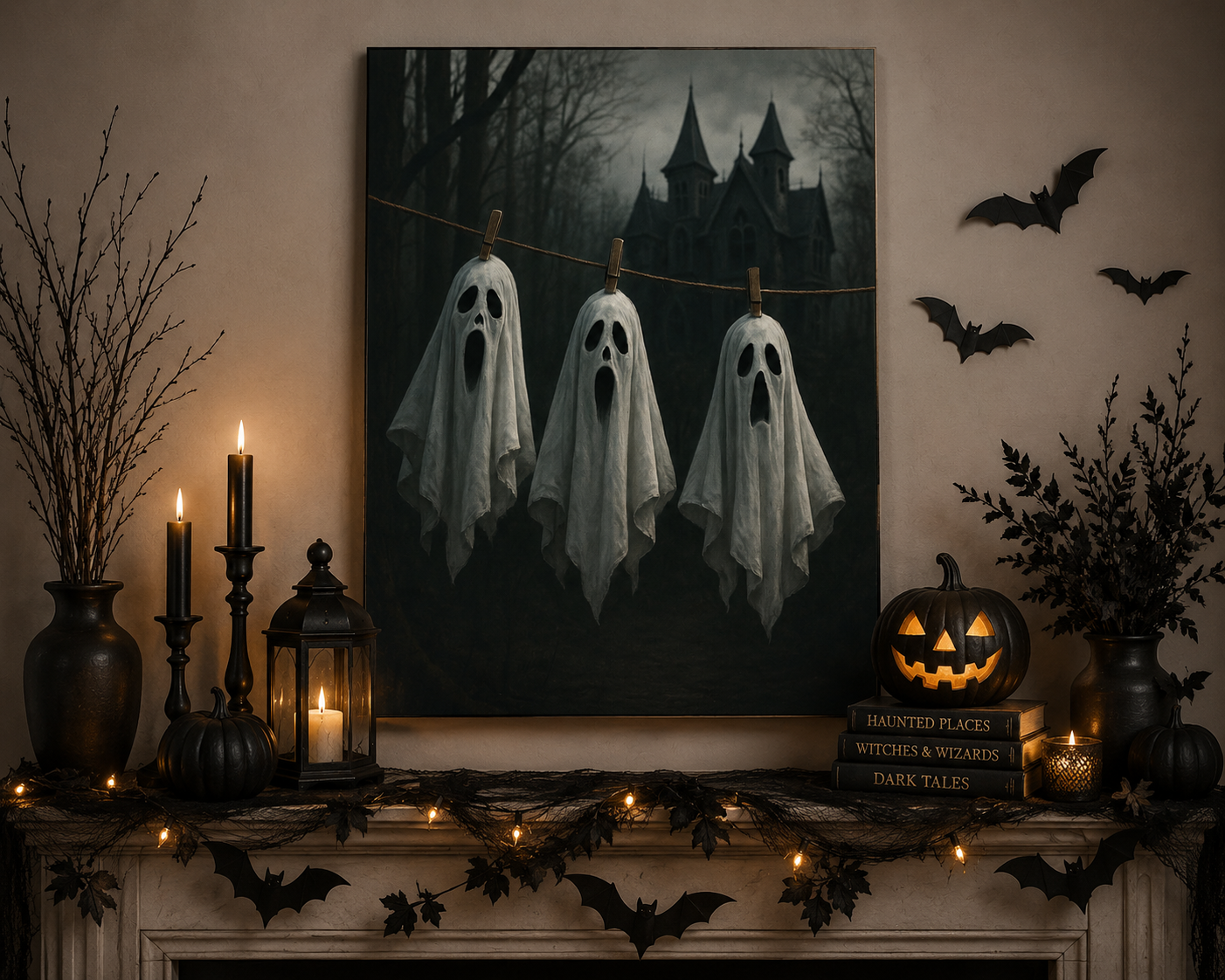 Halloween-themed decor with ghosts, pumpkins, and candles on a mantelpiece.