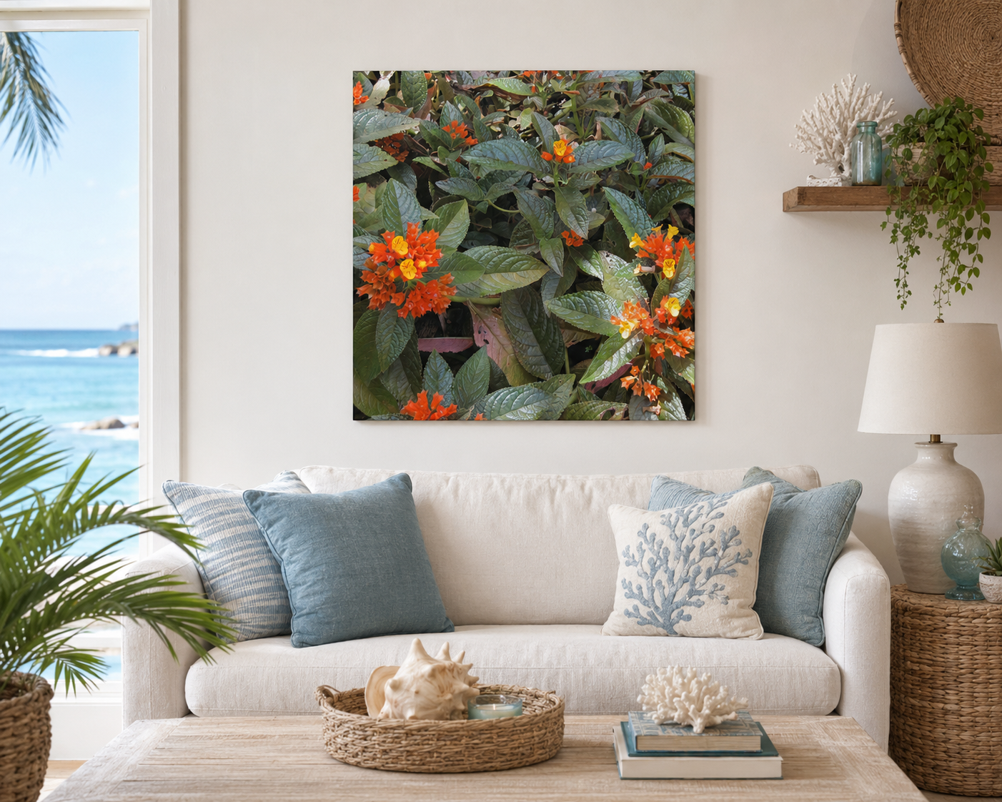 Tropical Flower Canvas, Caribbean, Flower Canvas, Orange Flower, Tropical Decor