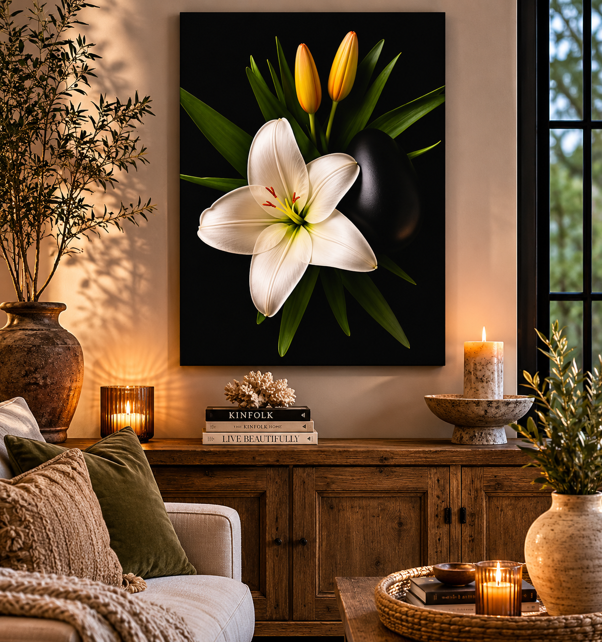 Living room with a large flower painting on the wall, candles, and decorative items.