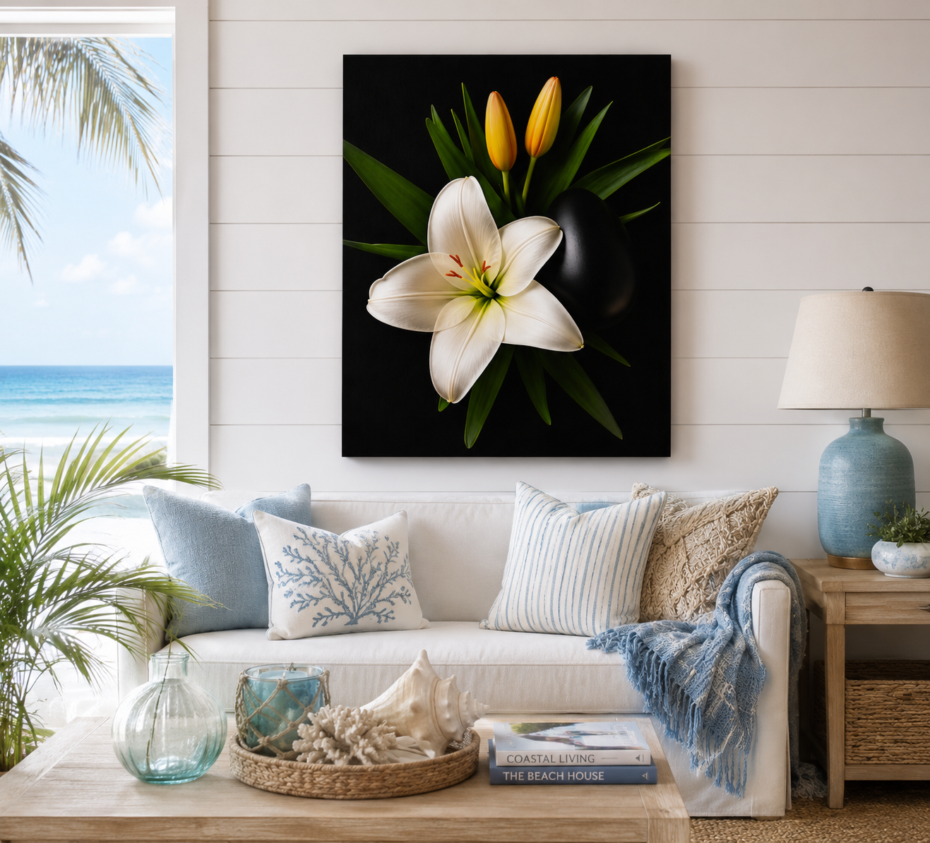 Living room with a white couch, decorative pillows, and a large floral painting on the wall.