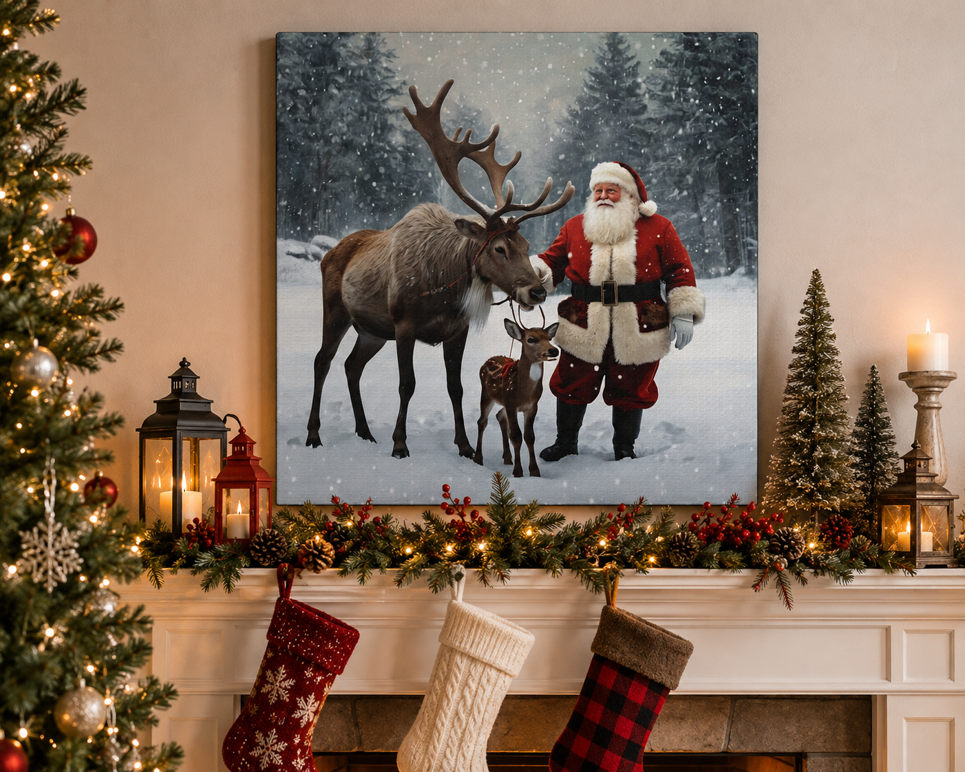 Santa and reindeer canvas on mantle