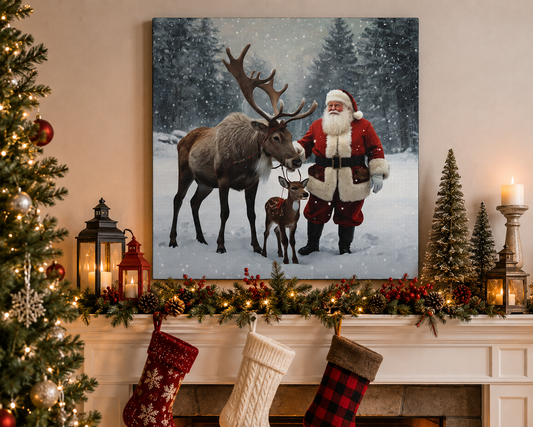 Santa and reindeer canvas on mantle