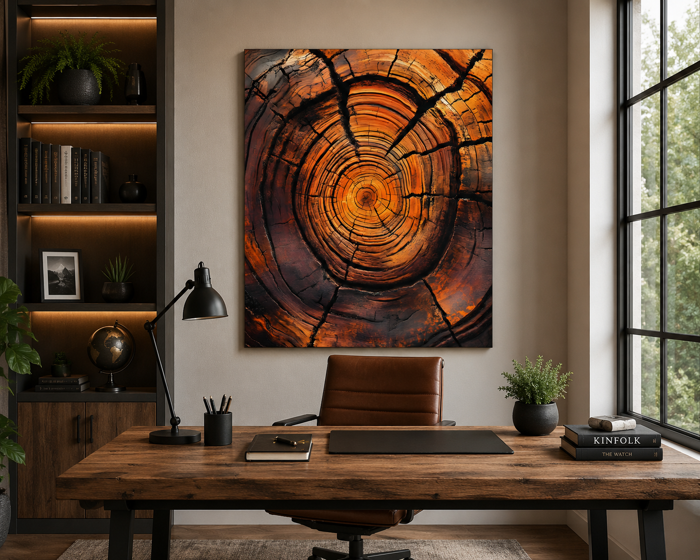 Modern office interior with a wooden desk, chair, and wall art of a tree stump.
