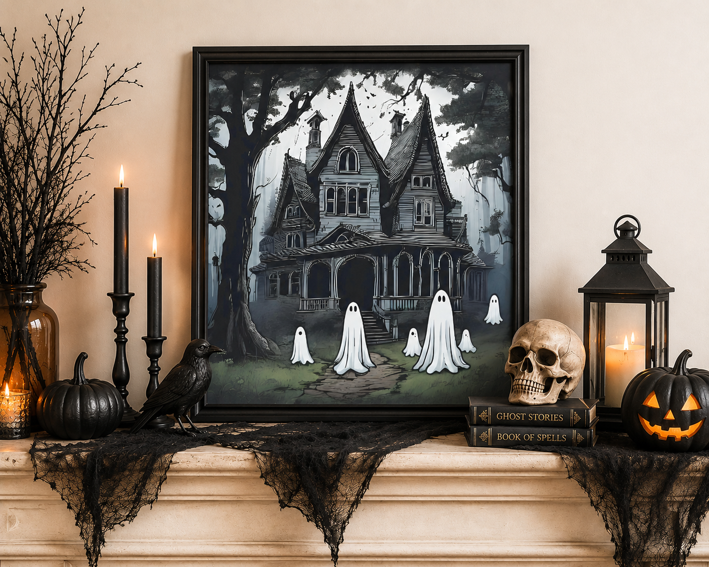 Halloween-themed decoration with a framed picture of a haunted house, ghosts, and a skull on a mantelpiece.