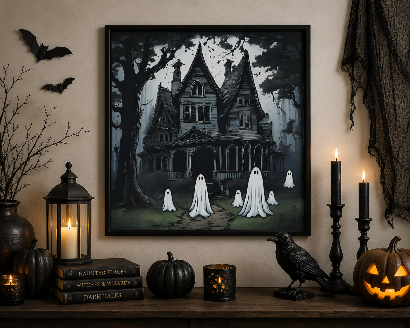 Halloween-themed decor with a framed artwork of a haunted house, candles, pumpkins, and books on a shelf.