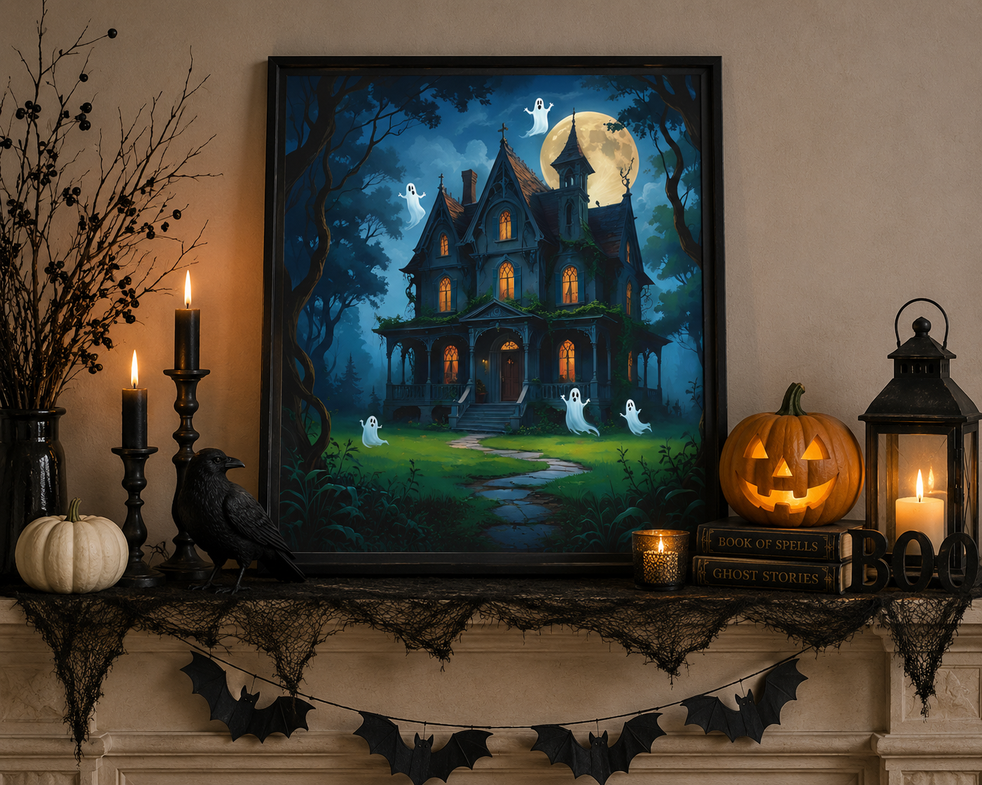 Moonlit Haunted House Halloween Poster | Cute Ghost Gothic Wall Art