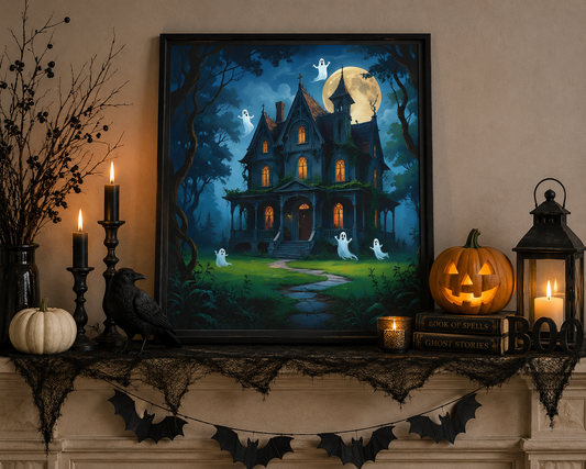 Moonlit Haunted House Halloween Poster | Cute Ghost Gothic Wall Art
