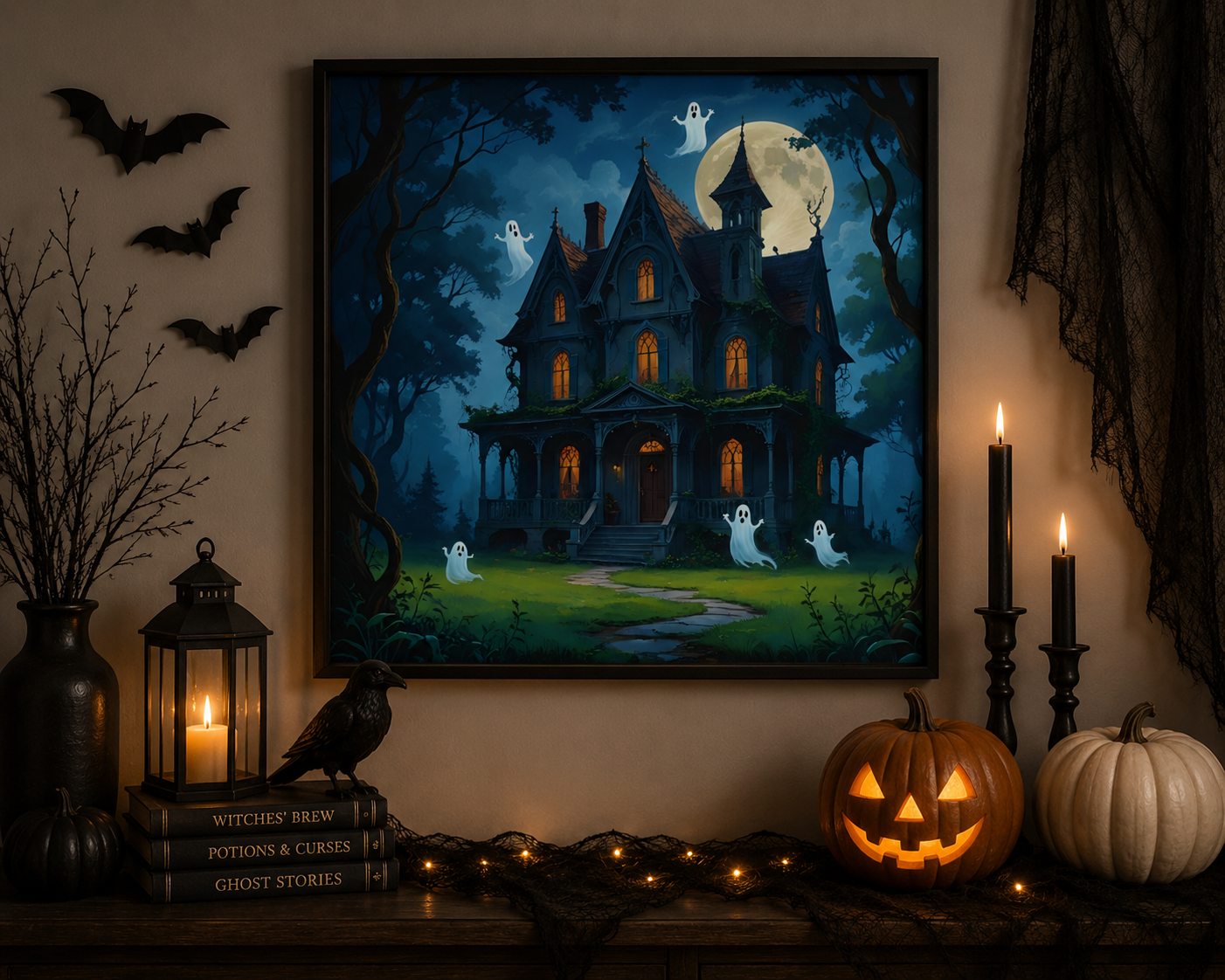 Moonlit Haunted House Halloween Poster | Cute Ghost Gothic Wall Art