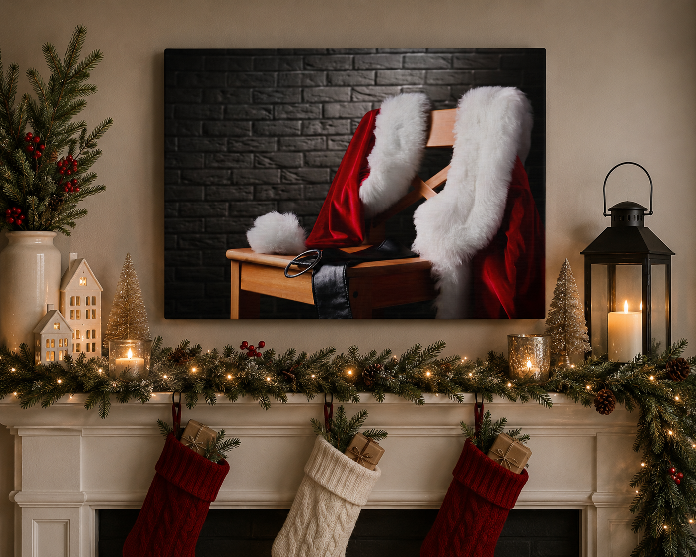 Decorative Christmas mantel with stockings, garlands, and a framed picture of Santa Claus.