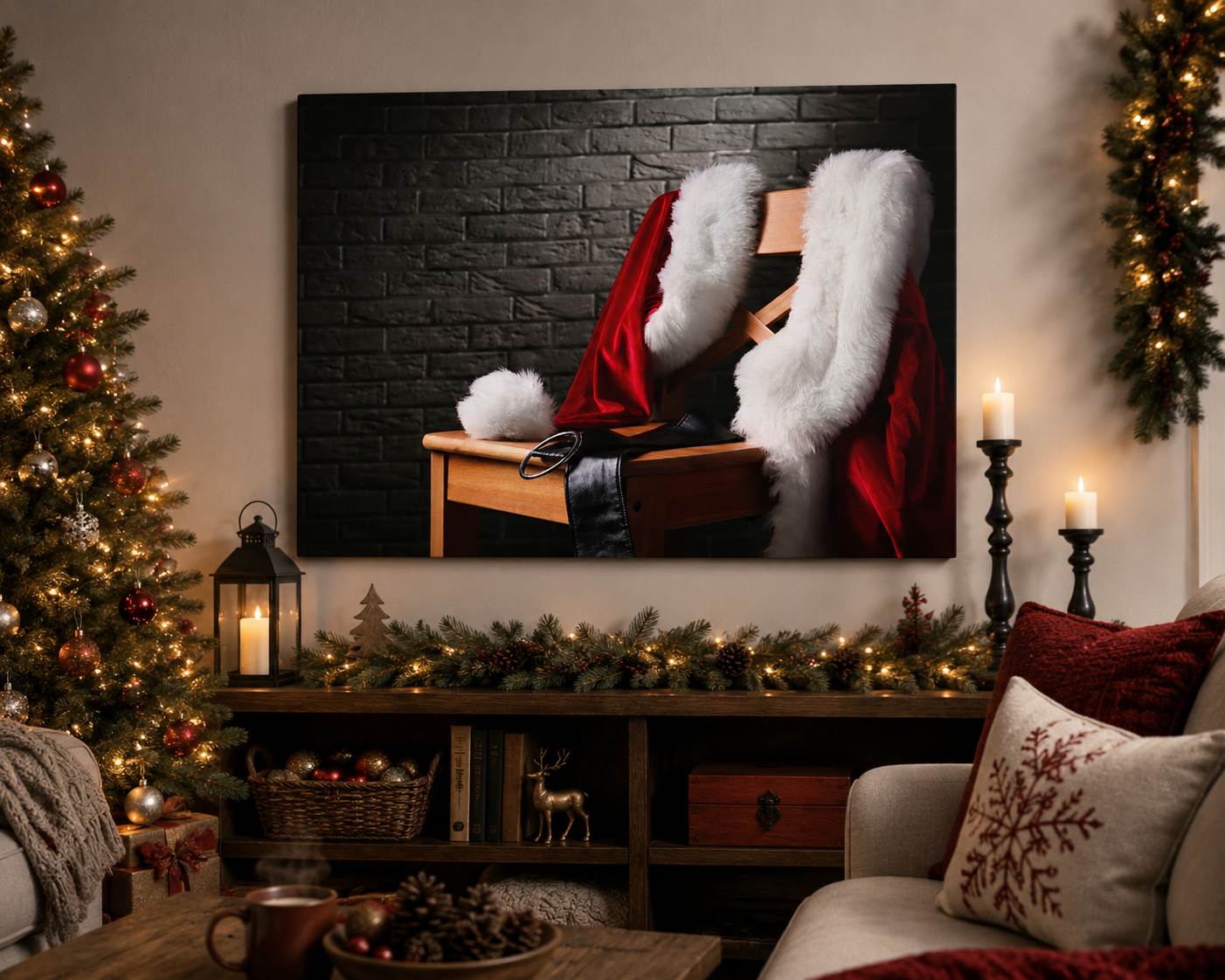 Decorated living room with Christmas tree, garland, and a painting of Santa Claus.