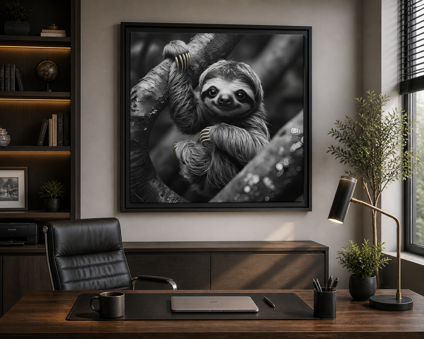 Framed black and white sloth print on a wall above a desk with office furniture.